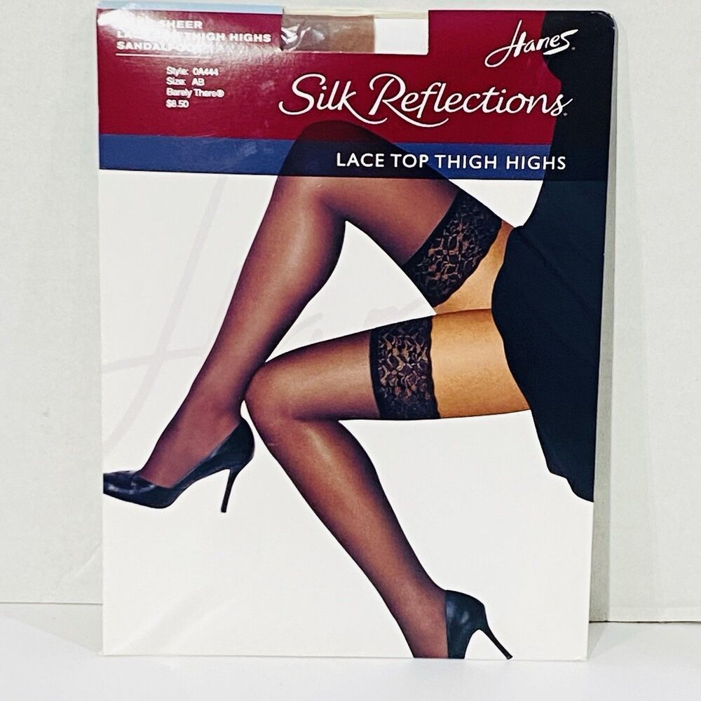 NEW Hanes Silk Reflections Lace Top Thigh Highs AB Barely Black Sandalfoot